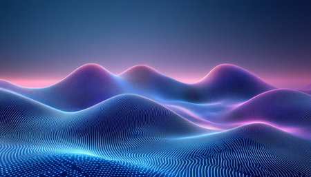Abstract Futuristic Digital Landscape with Glowing Blue and Pink Neon Waves, 3D Renderingの素材