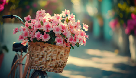 Vintage Bicycle with Flower Basket, a Fairy Tale Ride in Soft Afternoon Light, Romantic Setting.の素材