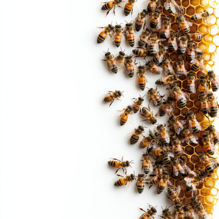 A Swarm of Honey Bees on White Space for Text with Detail on Comb and Group of Busy Insectsの素材