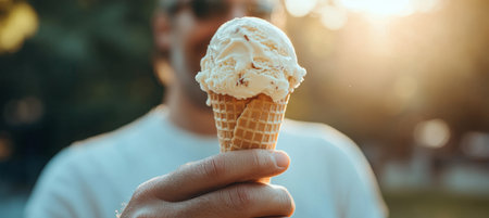 Man Holds Delicious Ice Cream Cone On Sunny Summer Day, Enjoying Sweet Treat Outdoorsの素材