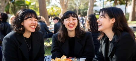 Three Young Women Laughing Together at a Sunny Park Picnic, Enjoying Friendship and Delicious Foodの素材