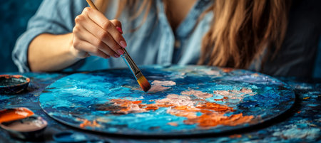 Artist Dipping Paintbrush in Vibrant Blue and Orange Palette, Artistic Tools Scattered Around.の素材