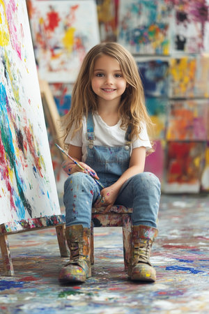 Little Artist Girl Smiling in Art Studio, Painting on Canvas, Surrounded by Colorful Artworkの素材