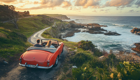 Couple s Romantic Coastal Road Trip in a Red Convertible Car, Enjoying a Golden Sunsetの素材