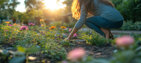 Golden Hour Gardening Woman Tending to Vibrant Flowerbed at Sunset, Cultivating Beauty.の素材