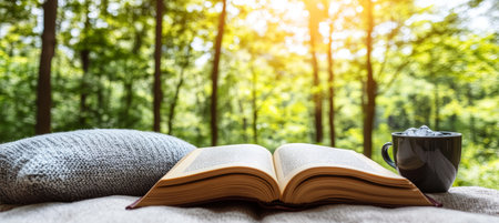 Cozy reading nook  a person enjoys a book and iced tea by a sunny window with cushionsの素材
