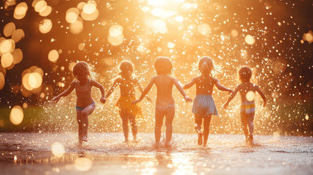 Five Joyful Children, Bathed in Golden Sunset Light, Frolic and Splash through Water.の素材