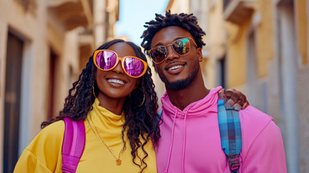 Young, Stylish Couple Explores City Streets on Vacation, Embracing Travel and Togethernessの素材