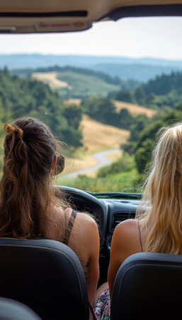 Sisters on Road Trip Exploring Picturesque Green Countryside Views Through Car Windowの素材
