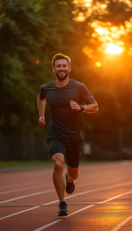 Focused Athlete in His 30s During Sunset Sprint on an Outdoor Track Fitness and Sport Conceptの素材