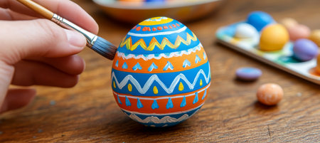 Hand Painting a Colorful Easter Egg with a Brush on Wooden Table, Holiday Decoration Conceptの素材
