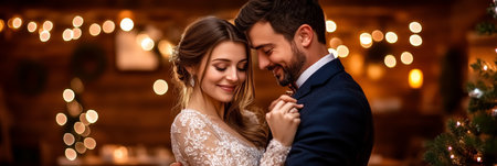 Romantic Evening Couple Dances Close, Lit by Soft, Warm Lights , Festive Background on Holidayの素材