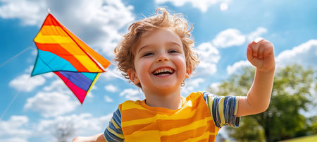 Joyful little boy launches kite on sunny outdoor adventure. Perfect for playful parenting.の素材