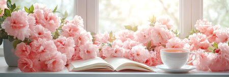 Open Book, Cup of Tea, and Delicate Pink Flowers on a Window Sill Serene Morning Atmosphereの素材