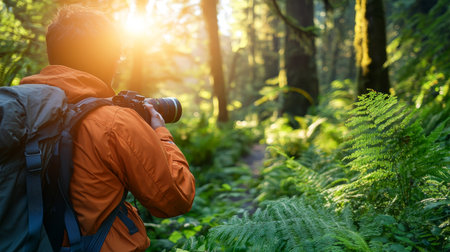 Golden Hour Hike Exploring Nature s Wonders, One Trail At A Time, Photographer In Lush Forestの素材