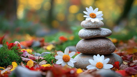 Harmony Of Nature  Wellbeing Zen Rocks Symbolizing Work-Life Values With Daisies In Autumn Woodsの素材