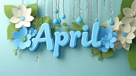 April Showers Bring May Flowers Blue 3D Text Surrounded by Paper Flowers and Raindropsの素材