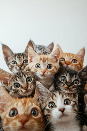A Crowd of Curious Cats Adorable Kittens Peeking with Funny Expressions on a White Backgroundの素材