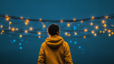 Woman Contemplates Future under Glowing String Lights, Inspiring Concept of Hope and Dreamsの素材