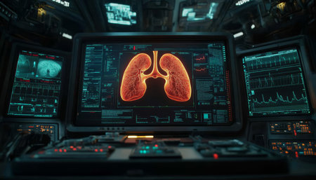 High-Tech Digital Pulmonology Device with Real-Time Respiratory Metrics and Holographic Lung Modelの素材