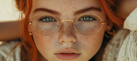 Close-up Portrait Of Woman With Freckles Wearing Rounded Glasses, Emphasizing Natural Beautyの素材