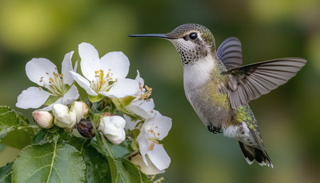Hummingbird in Flight, Gathering Nectar from Delicate White Blossoms, Vibrant Nature Sceneの素材