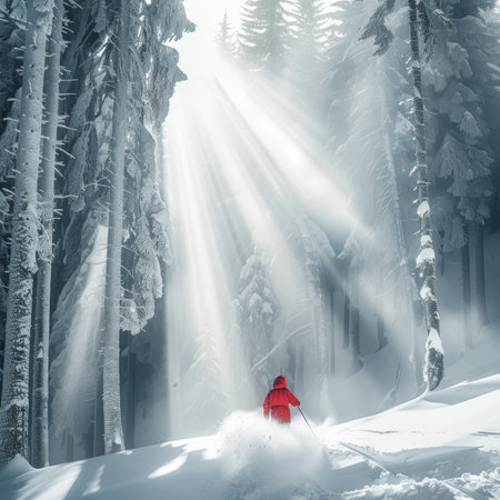 Solitude in the Snow, A Skier Glides Through Sun-Drenched Forest Trails, Majestic Winter Landscapeの素材