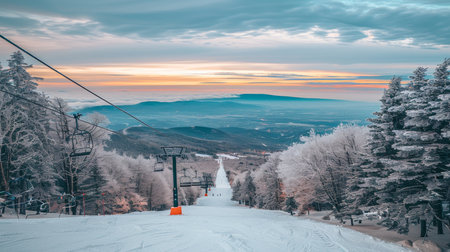 Winter Wonderland Scenic Ski Lift Ascend Overlooking Majestic Snow-Covered Mountains at Sunsetの素材