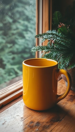 Warm Yellow Coffee Mug on Wooden Table, Blurred Winter Forest View Through Window. Cozy Winter Mood.の素材