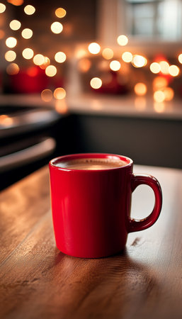 Cozy Red Coffee Cup on Rustic Wooden Table, Festive Blurred Background with String Lightsの素材