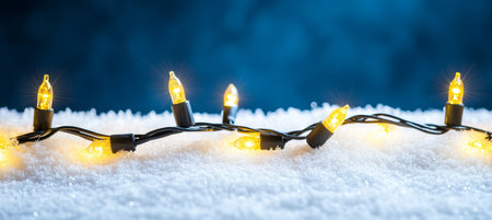Golden Christmas Lights Glowing on Snow Against a Blue Background, Winter Holidays Conceptの素材