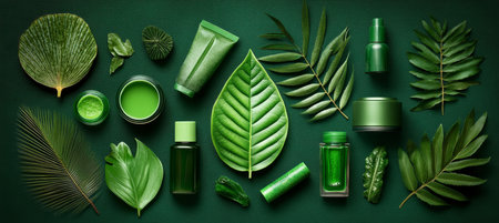 Natural, Organic Beauty Products Surrounded by Lush Green Foliage on a Green Backgroundの素材