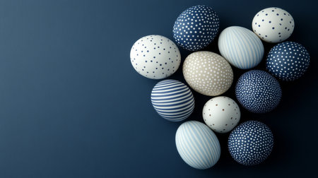 Group of Navy Blue and Beige Easter Eggs on Navy Background with Polka Dot Patterned Eggshellsの素材