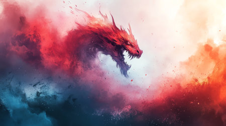 Fierce Red Dragon Emerges from Abstract Smoke and Fire Background, Fantasy Illustrationの素材