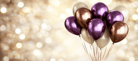 Elegant Purple and Bronze Balloons on a Sparkling Bokeh Background with Ample Copy Spaceの素材