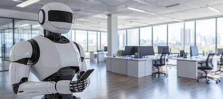 Futuristic Office Assistant Sleek Robot Utilizing Mobile Technology in Modern Workplaceの素材