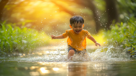 Joyful Asian Boy Running and Splashing Through Water at Sunset, Celebrating Childhood Outdoorsの素材