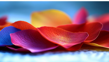 Colorful Scattered Rose Petals Graceful Arrangement on Soft White Surface with Gentle Lightの素材