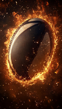 Fiery Rugby Ball Sports Equipment Ablaze, Engulfed in Fierce Flames on a Moody Dark Backgroundの素材