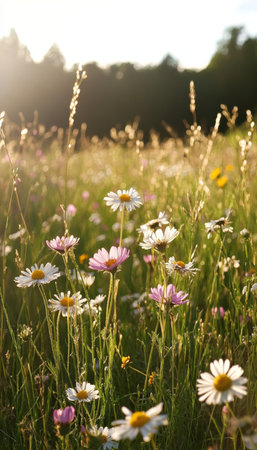 Golden Hour Meadow, Summer Bloom Soft Focus Wildflowers Bathed in Warm, Dreamy Light and Bokehの素材