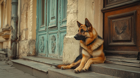 Loyal German Shepherd Guarding the Entrance of a Building. Brown and Black Dog Patiently Sittingの素材