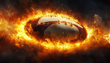 Flaming Rugby Ball Powerful Sport Ignition Symbol With Fiery Detail on Dark Backgroundの素材