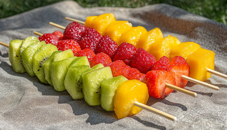 Colorful Fruit Skewers with Kiwi, Mango, and Strawberries A Refreshing and Vibrant Summer Treatの素材