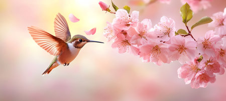 Hummingbird in Feathery Grace Gentle bokeh enfolds a tiny dynamo sipping nectar from Spring blooms,の素材