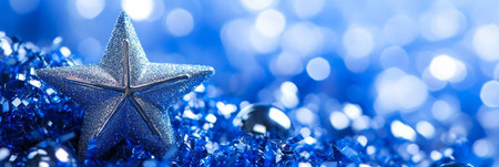 Silver Christmas star ornament on holiday tinsel with blue bokeh background, festive sparkle decorの素材