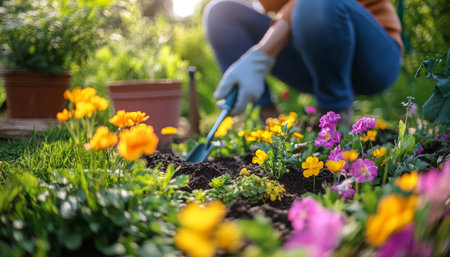 Gardener Plants Seeds In Vibrant Spring Garden, Surrounded By Flowers, Tools, And Pots.の素材