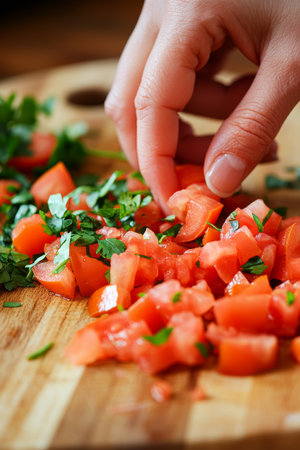 Freshly Chopped Tomatoes and Herbs on Wooden Cutting Board, Hands Preparing Homemade Salsaの素材