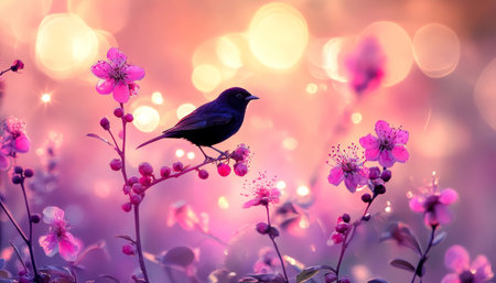Bird on Blossoming Branch, Tranquil Nature Scene with Soft Pink Bokeh and Gentle Sparkleの素材