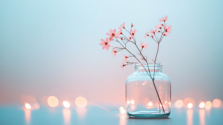 Pink Wildflowers in Glass Vase A Serene Still Life with Sparkling Fairy Lights and Pastel Huesの素材