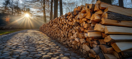 Stack of firewood on the side of paved road in sunbeam through bare branches, winter scenery.の素材